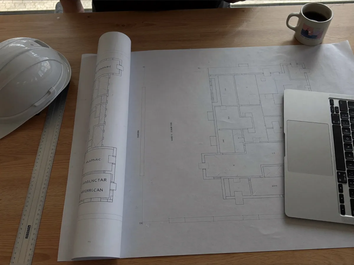 Bauplan, Helm und Laptop auf einem Schreibtisch, Symbolbild