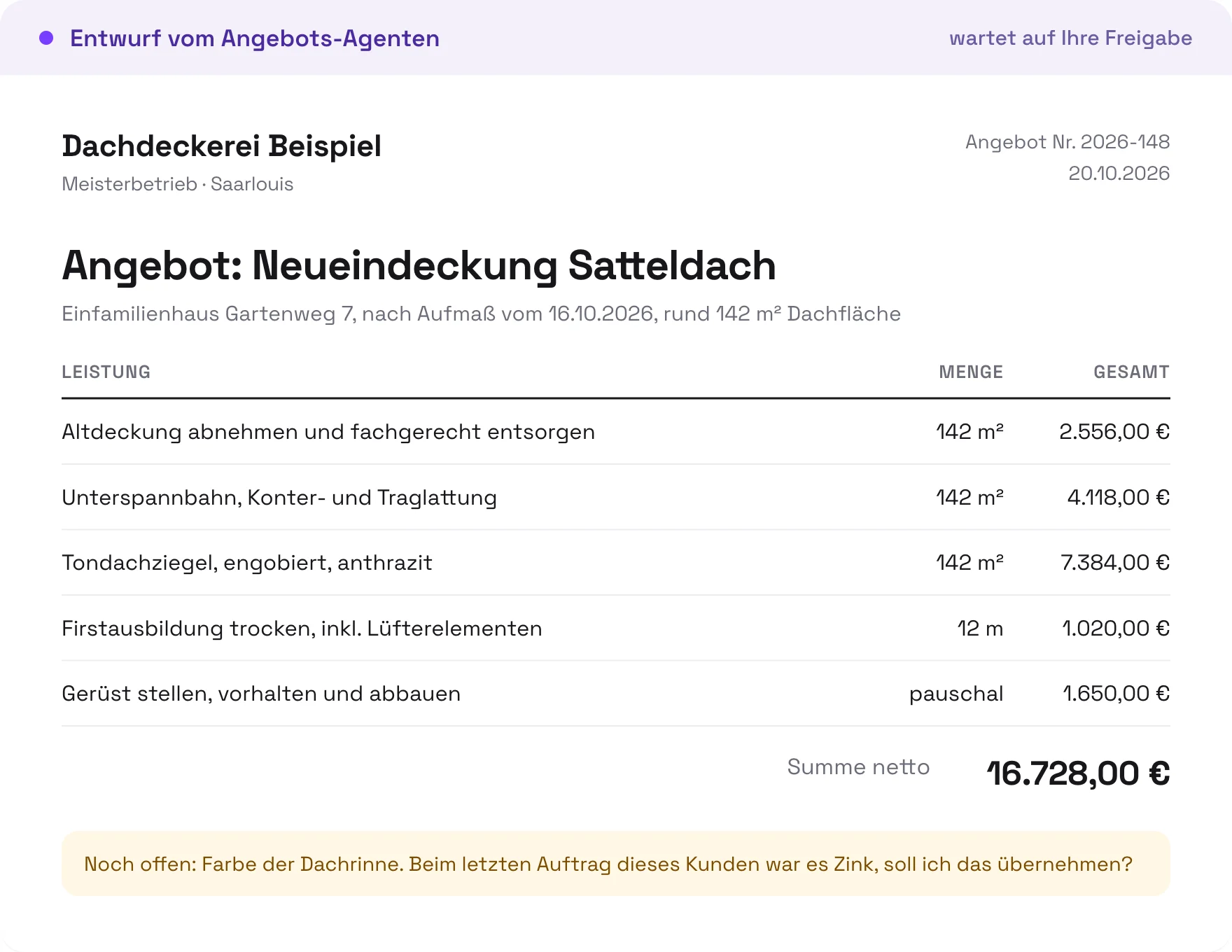 Beispiel eines Angebotsentwurfs für eine Neueindeckung, erstellt vom Angebots-Agenten